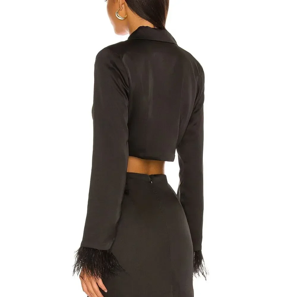 Revolve Black Crop Top MEDIUM Bolero Cocktail Satin Feathers More to Come NEW - Picture 3 of 8